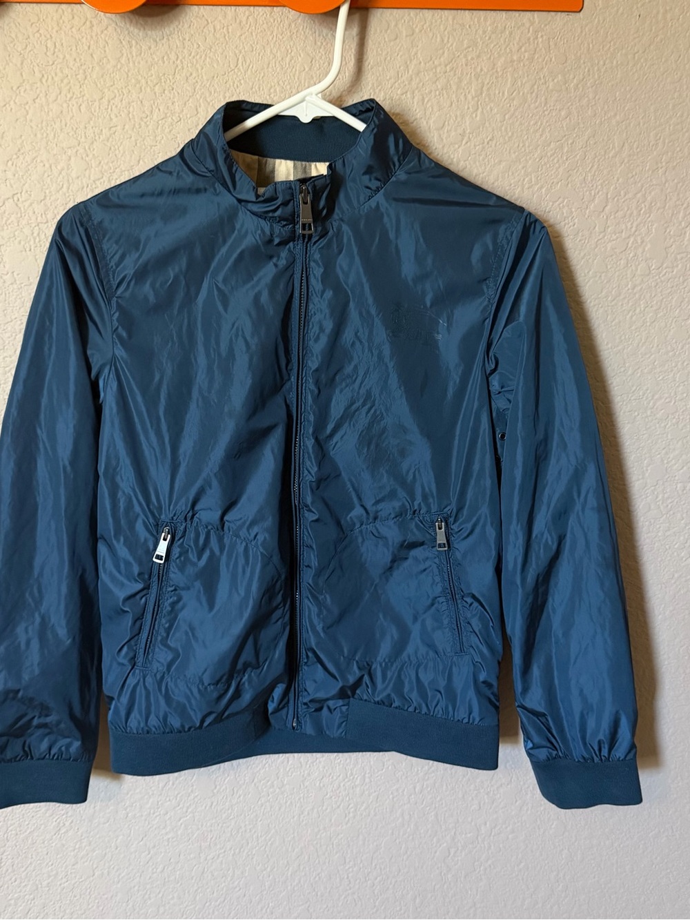 BURBERRY Children Boys 12Y Blue Full Zip Windbreaker Jacket Pockets Logo